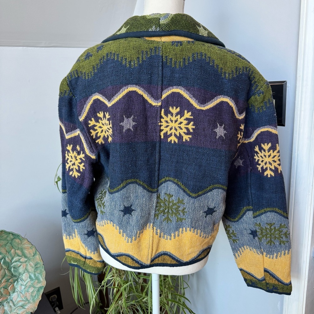 Flashback Vintage Wearable Art Tapestry Jacket Snowflake Winter Blue Green med - Picture 3 of 7